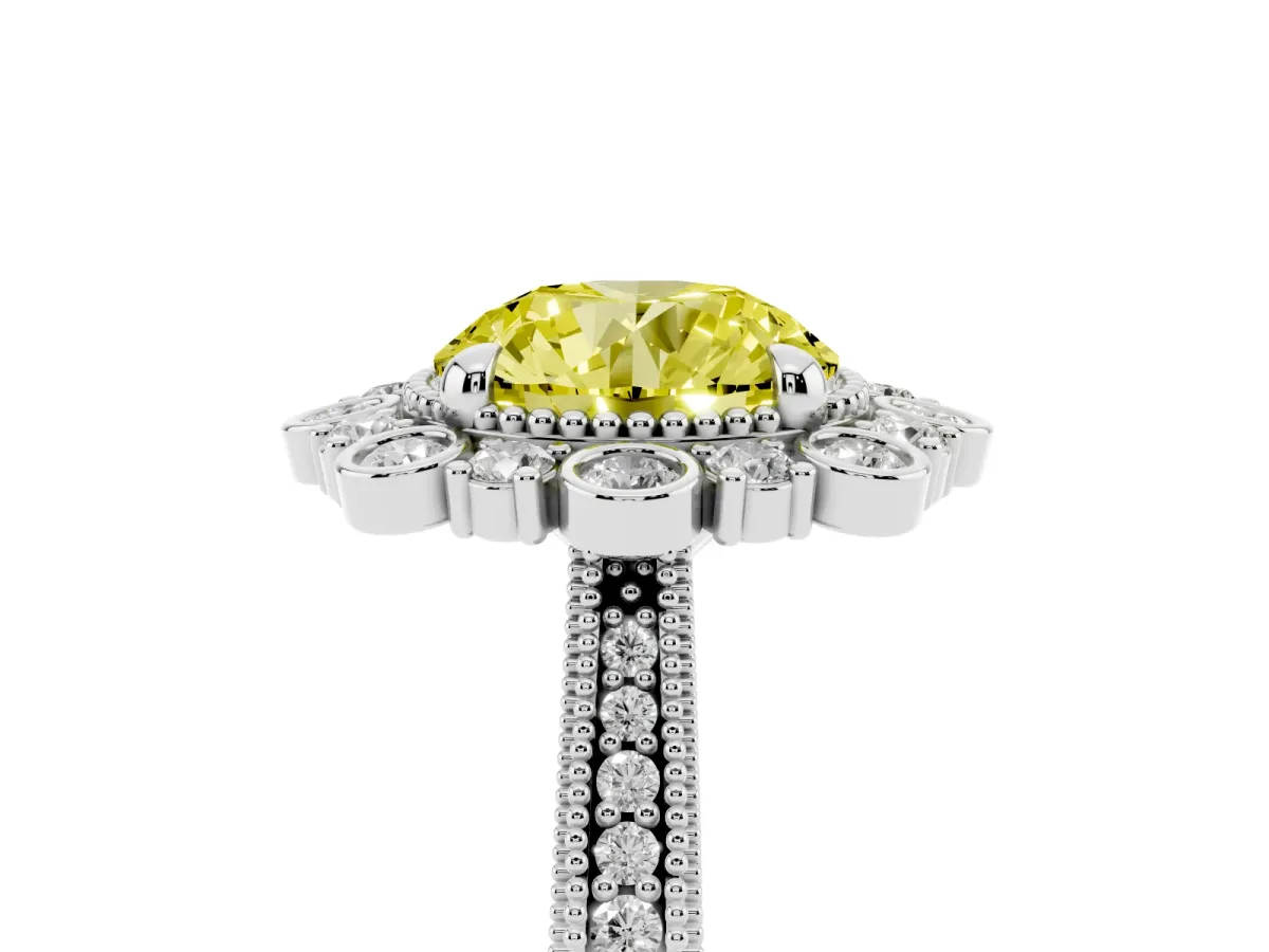 Fancy Yellow Round Cut Halo Milgrain Pave Diamond Ring with Four-Prong Setting Silver