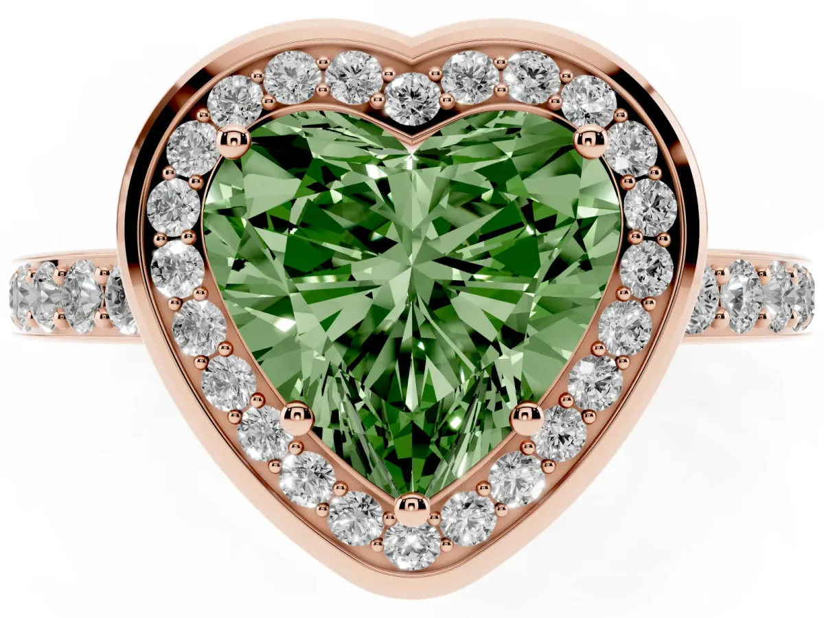 Fancy Green Heart Cut Diamond Halo Ring with Bezel Frame and Pavé Band Rose gold