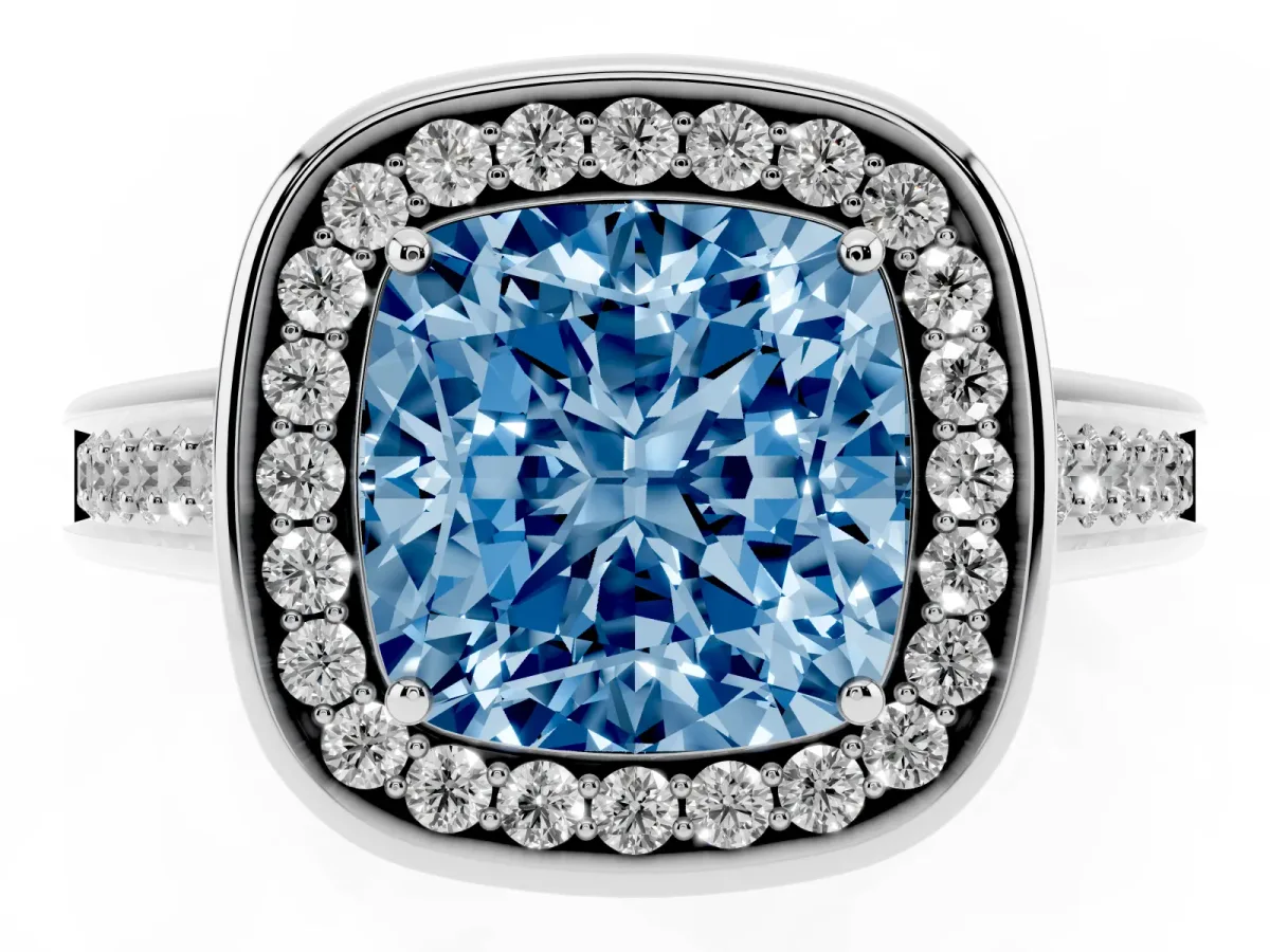 Fancy Blue Cushion Cut Halo Solitaire Diamond Ring with Pave Band and Bezel Setting Silver