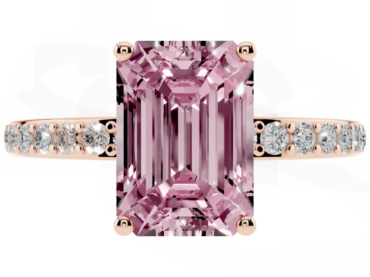 Fancy Pink Emerald Cut Cut Diamond Pavé Band Ring with Four-Prong Setting Rose gold