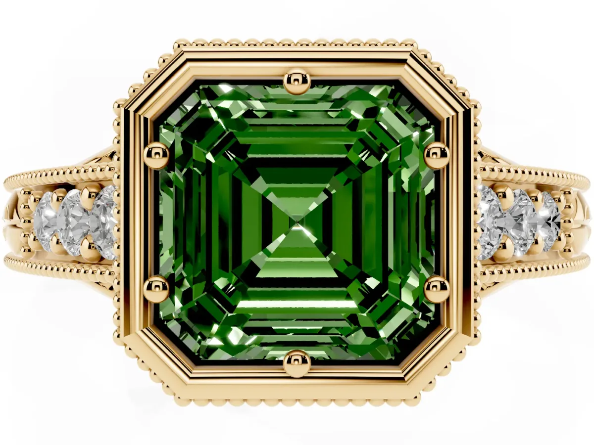 Fancy Green Bezel Set Asscher Cut Diamond Milgrain Pave Engagement Ring Yellow gold