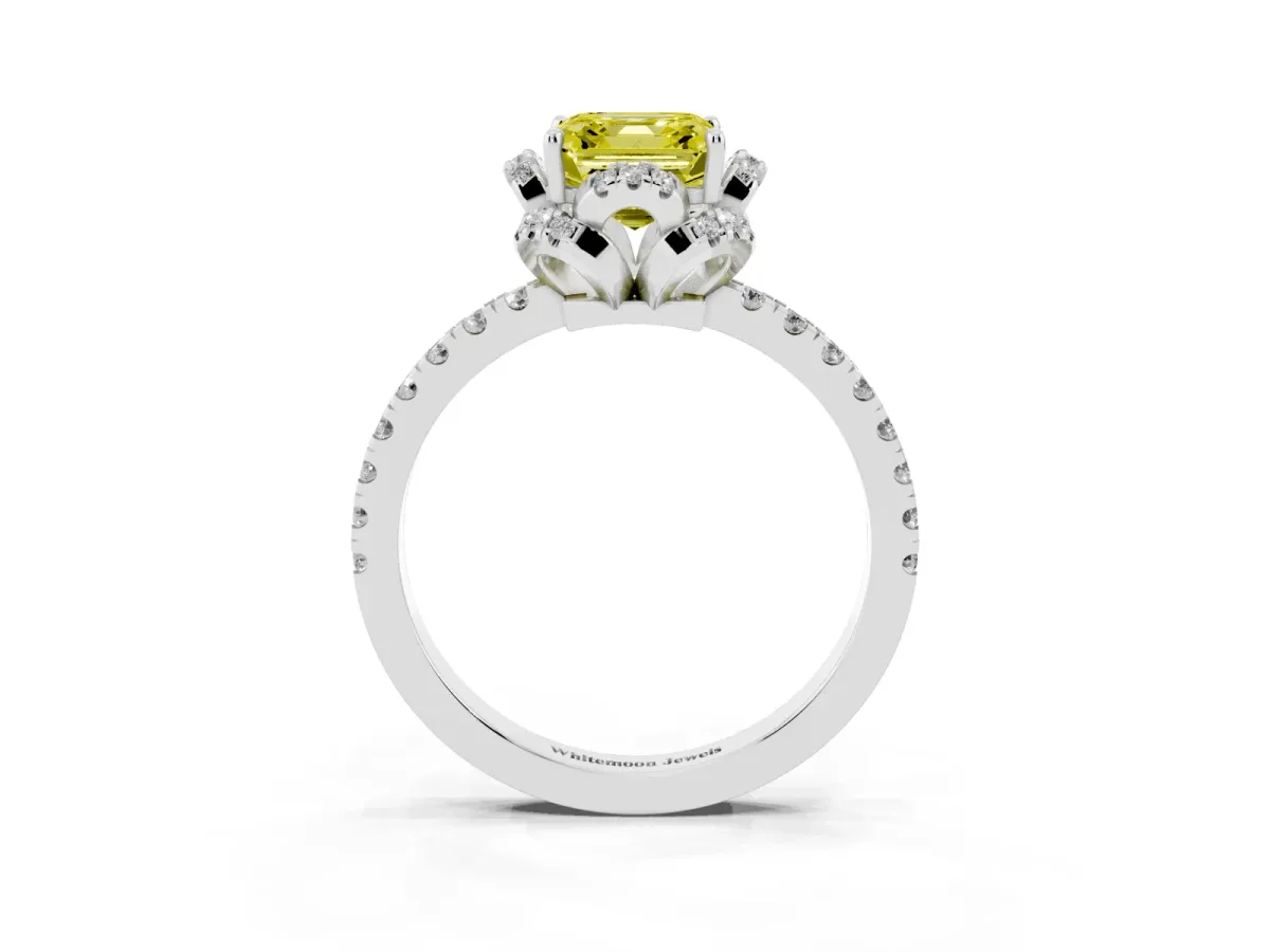 Fancy Yellow Asscher Cut Diamond Halo Pave Band with Four-Prong Setting Platinum
