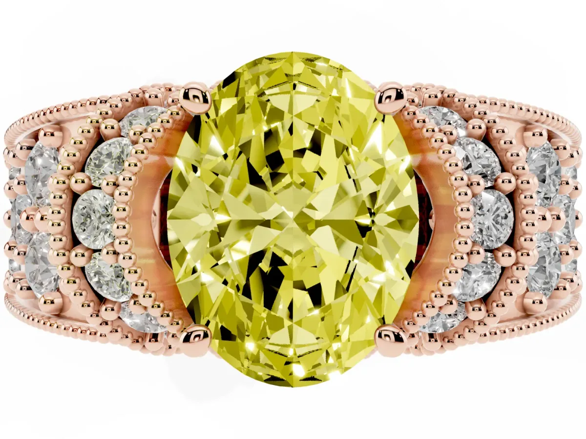 Fancy Yellow Oval Cut Halo Pave Diamond Engagement Ring with Milgrain Detailing Rose gold