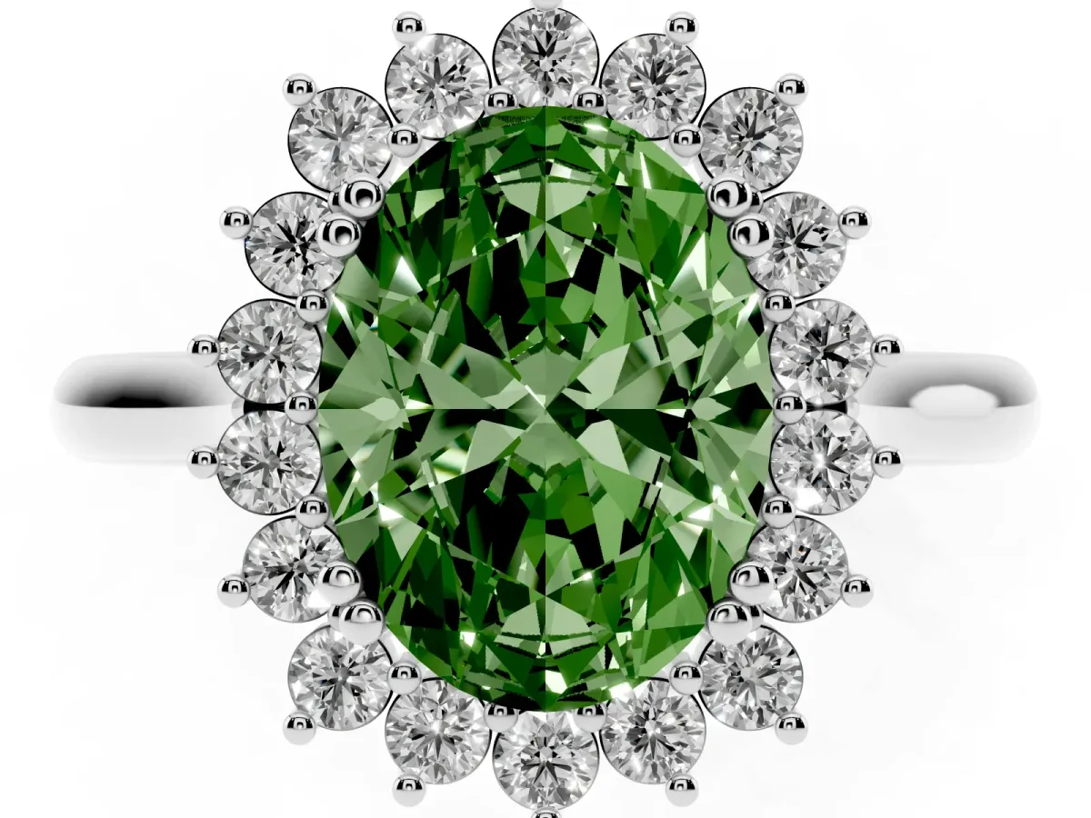 Fancy Green Oval Cut Cut Diamond Halo Ring with Solitaire Band and Prong Setting Platinum