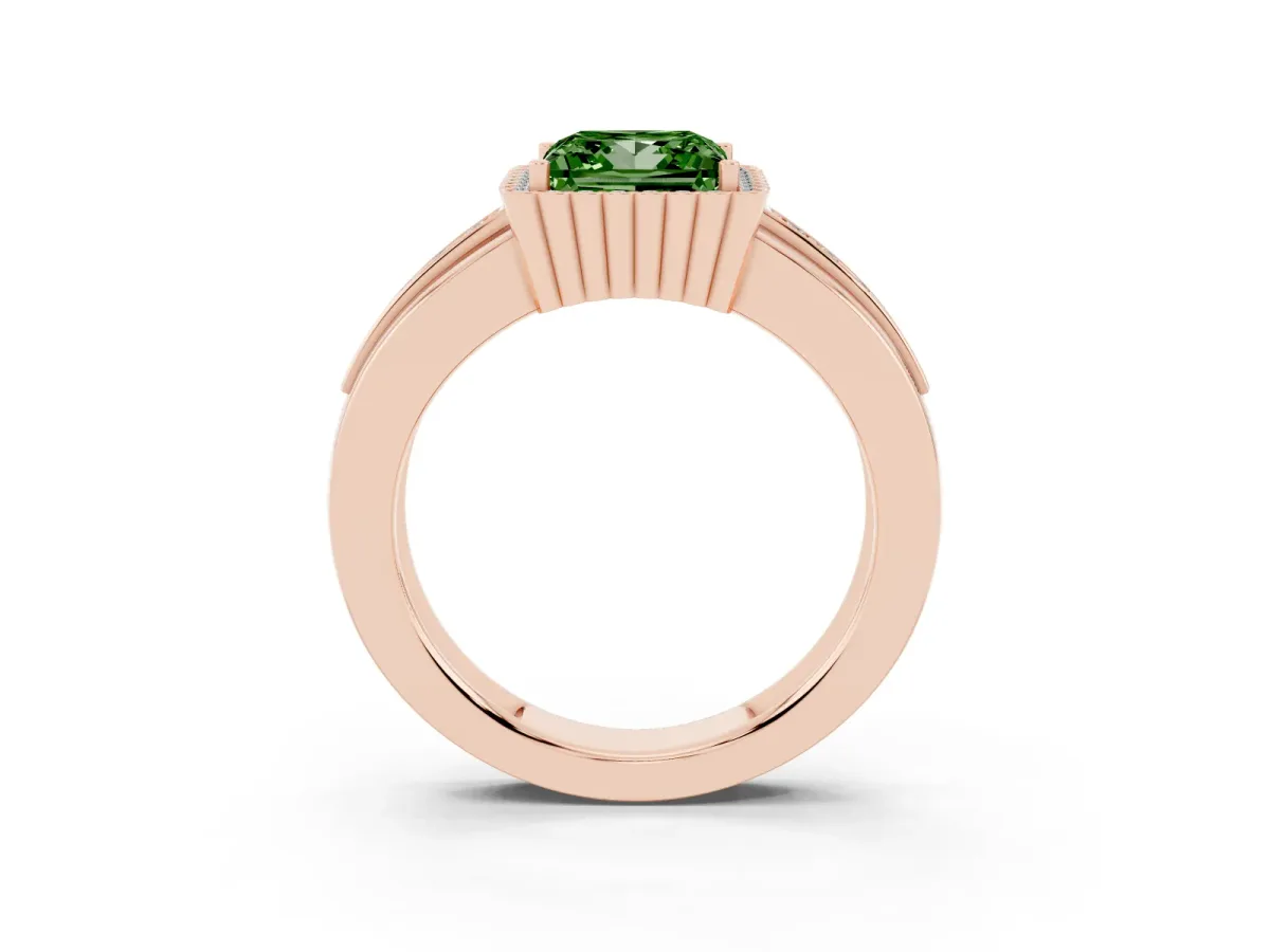 Fancy Green Princess Cut Cut Halo Pave Band Four-Prong Ring Rose gold