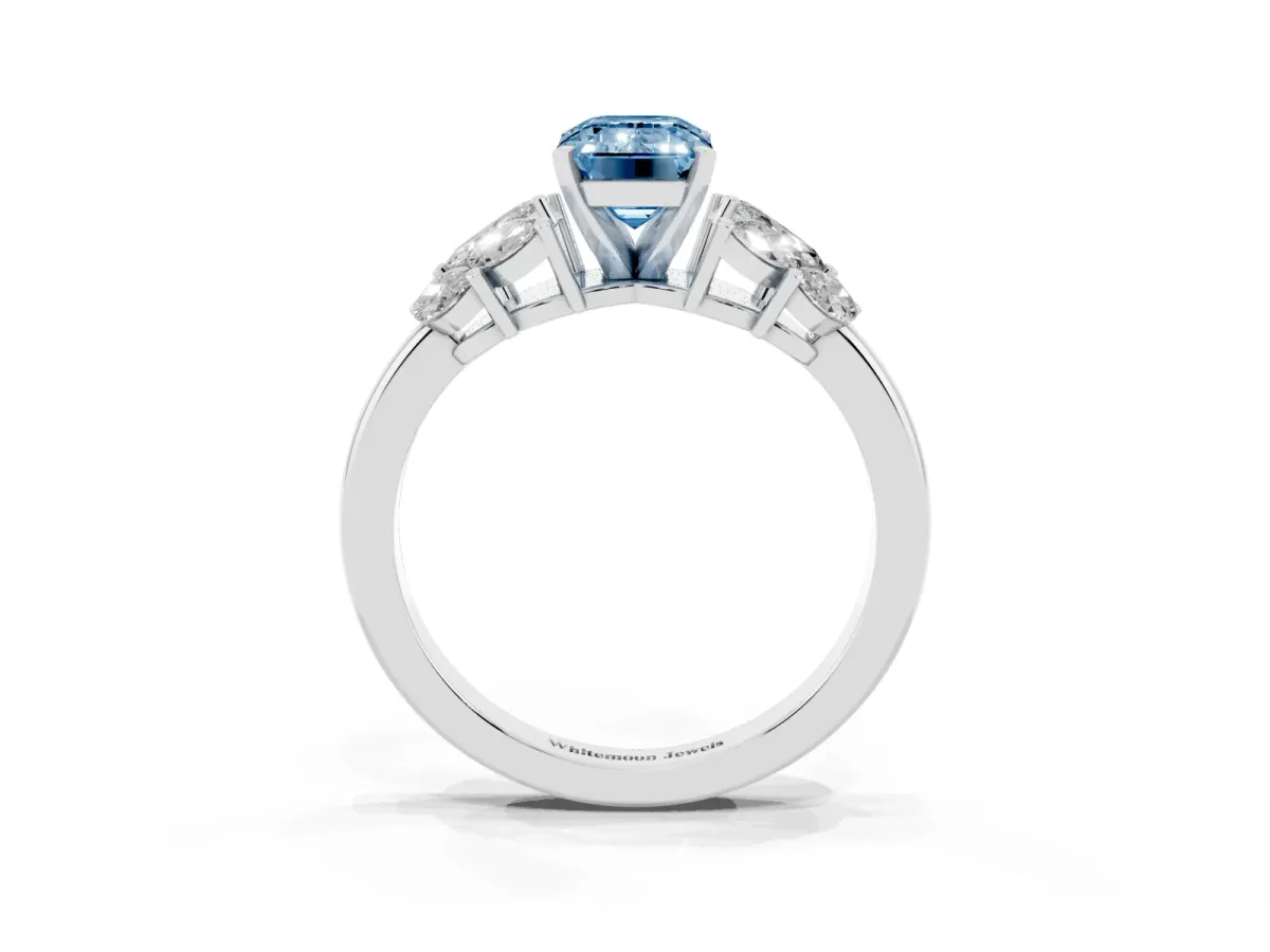 Fancy Blue Emerald Cut Diamond Cluster Leaf Design Ring with Prong Setting White gold