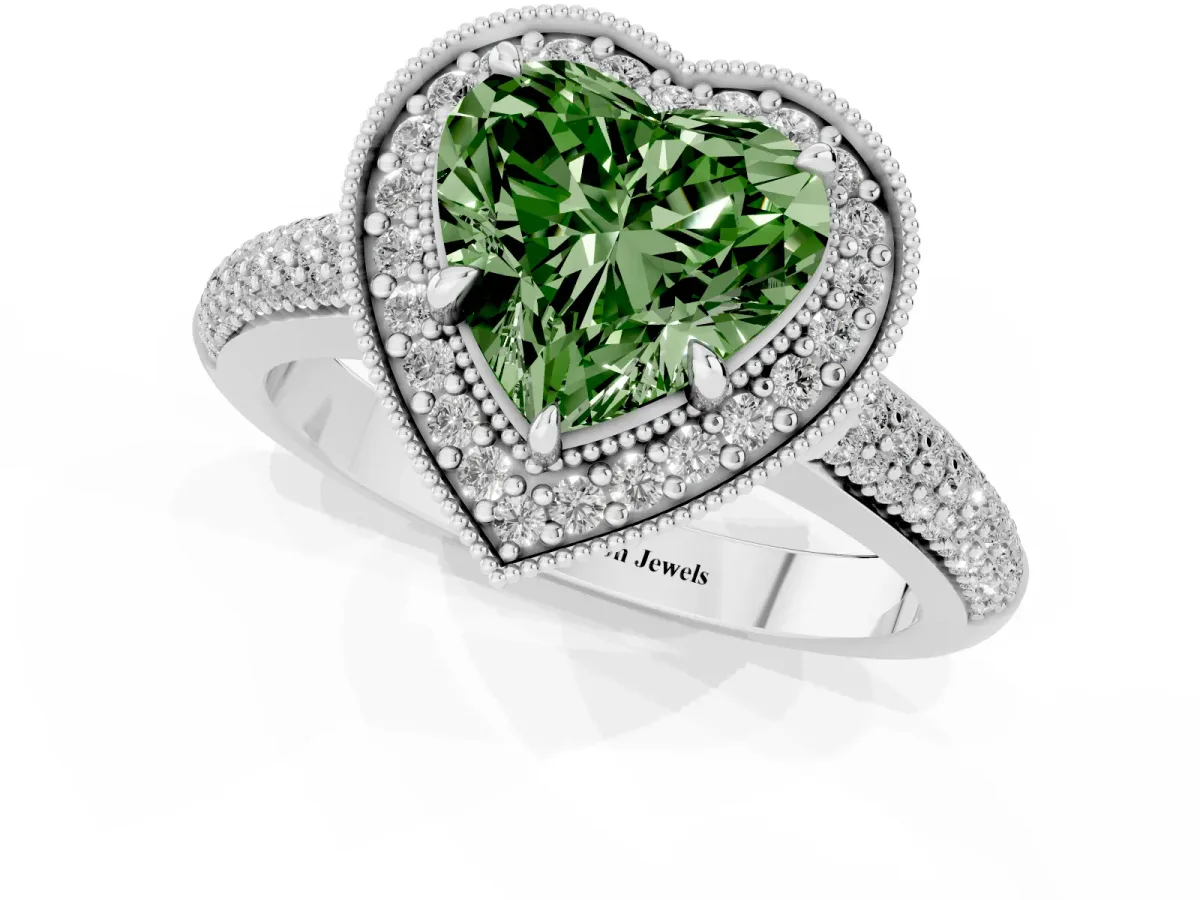 Fancy Green Heart Cut Cut Halo Diamond Pave Band with Four-Prong Setting Platinum