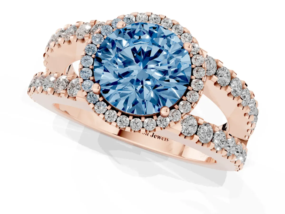 Fancy Blue Round Cut Cut Halo Split Shank Diamond Ring with Four-Prong Setting Rose gold