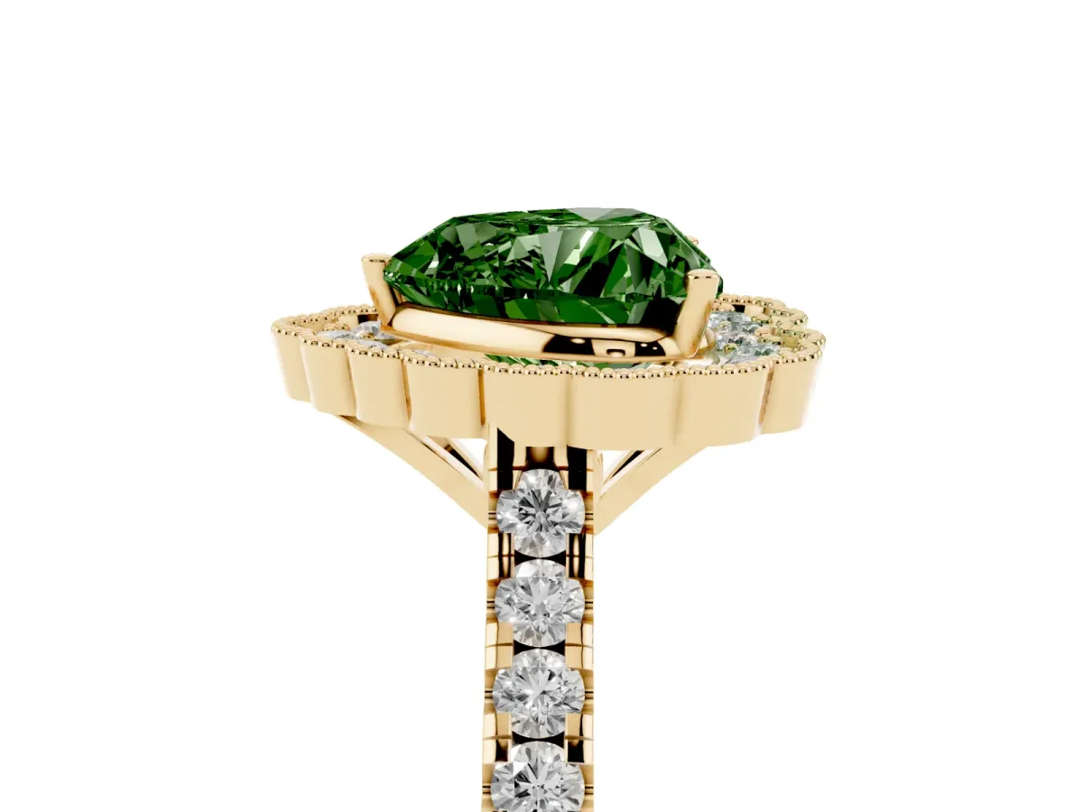 Fancy Green Heart Cut Cut Diamond Milgrain Floral Halo Engagement Ring with Pavé Band Yellow gold