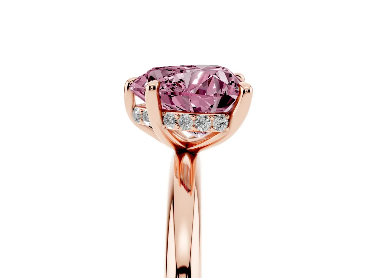 Fancy Pink Heart Cut Diamond Solitaire Ring with Thin Band and Four-Prong Setting Rose gold