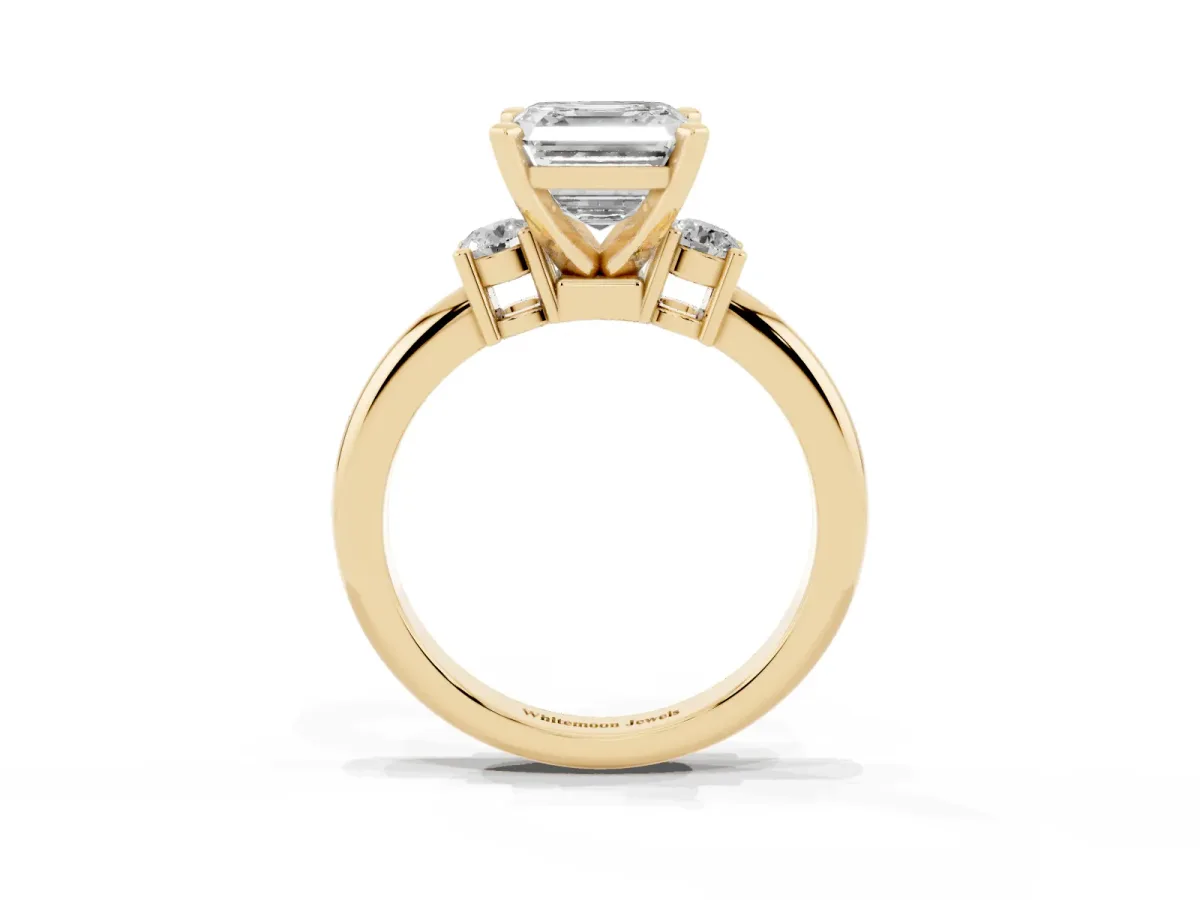 Three-Stone Asscher Cut Cut Diamond Solitaire with Prong Setting and Classic Band Yellow gold