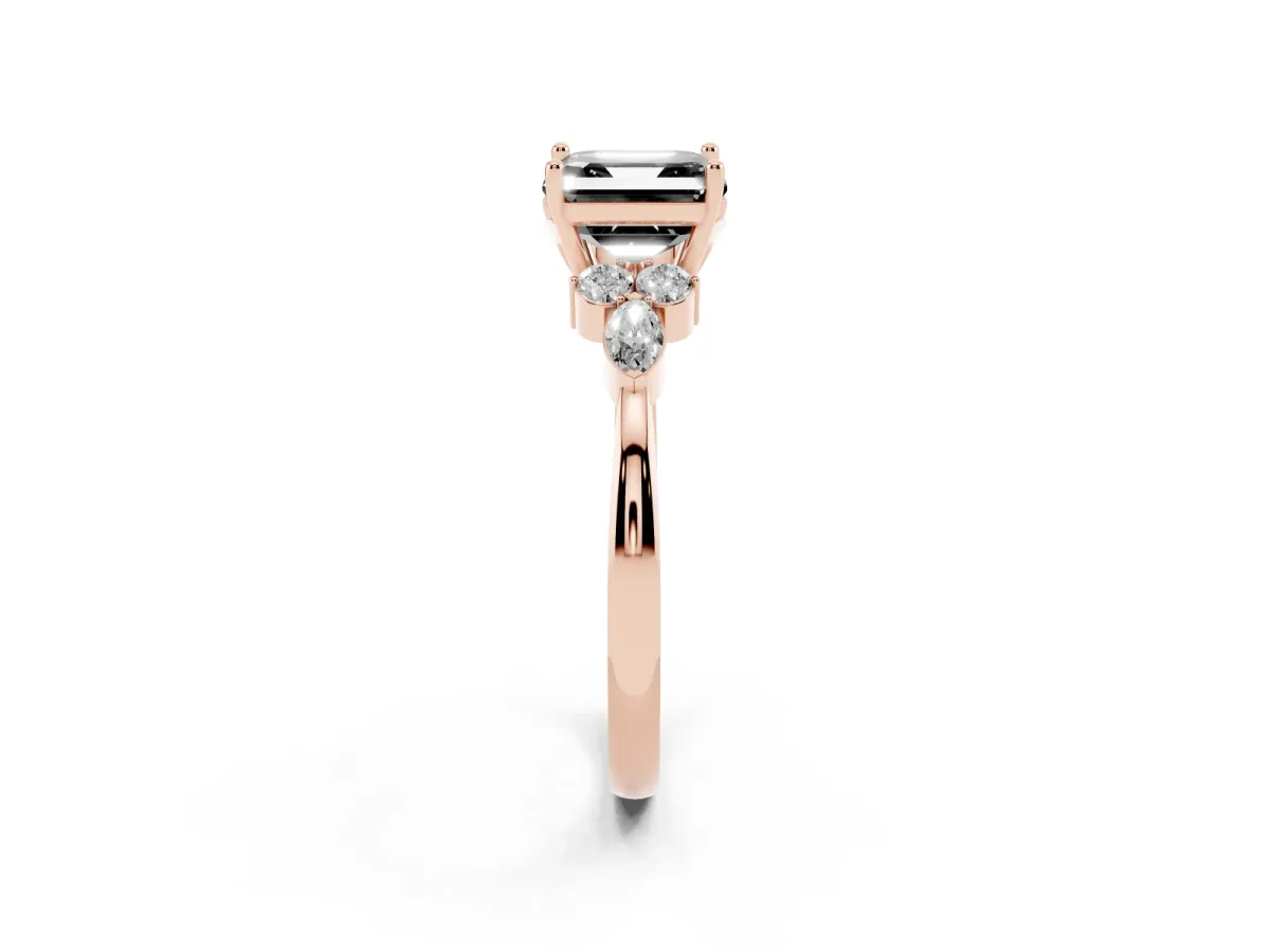Fancy Black Asscher Cut Brilliant Diamond Solitaire Ring with Pear Side Stones and Four-Prong Setting Rose gold