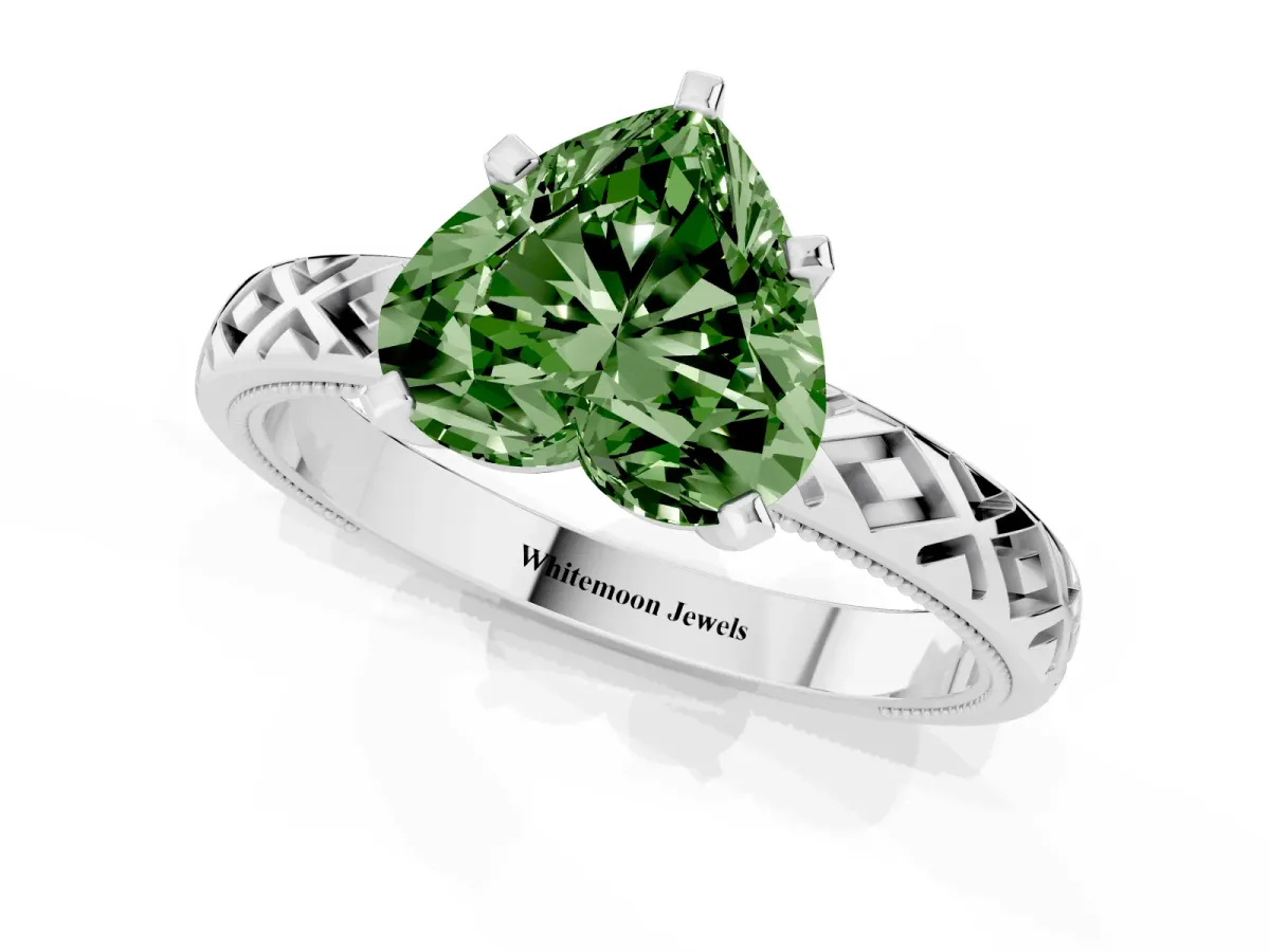 Fancy Green Heart Cut Solitaire Diamond Ring with Milgrain and Black Enamel X Pattern Band Silver