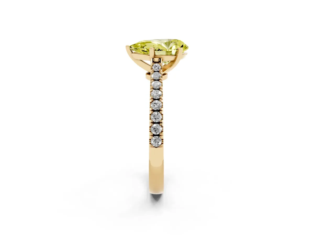 Fancy Yellow Pear Cut Cut Solitaire Diamond Engagement Ring with Pave Band and Four-Prong Setting Yellow gold