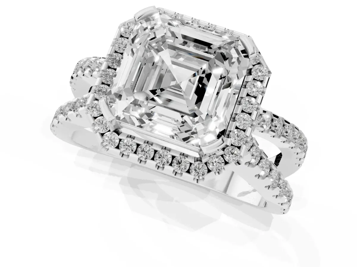Asscher Cut Diamond Halo Ring with Split Shank Pavé Band and Prong Setting Silver