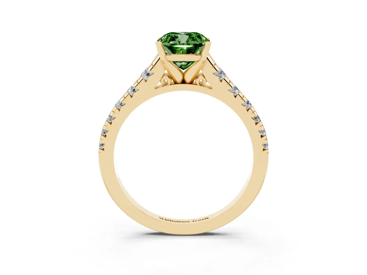 Fancy Green Cushion Cut Diamond Cathedral Solitaire Ring with Round Pavé Band Yellow gold