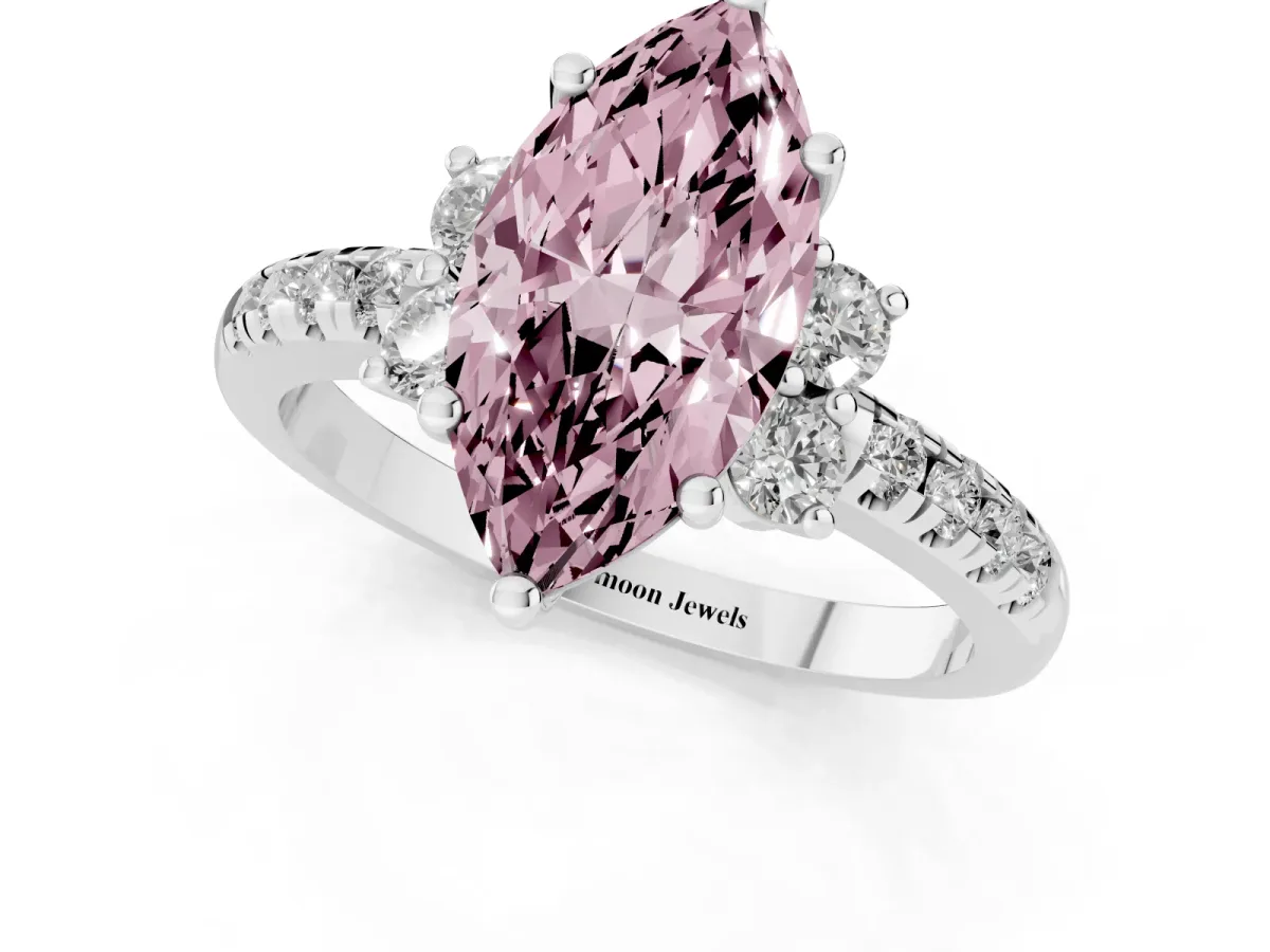 Fancy Pink Marquise Cut Diamond Three-Stone Pave Band with Four-Prong Setting Silver