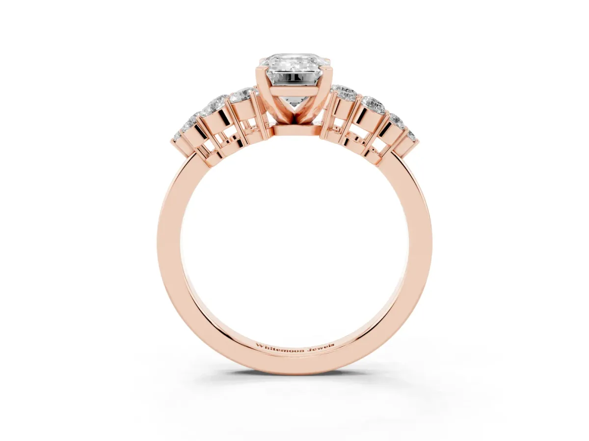 Emerald Cut Cluster Diamond Engagement Ring with Pavé Band and Four-Prong Setting Rose gold