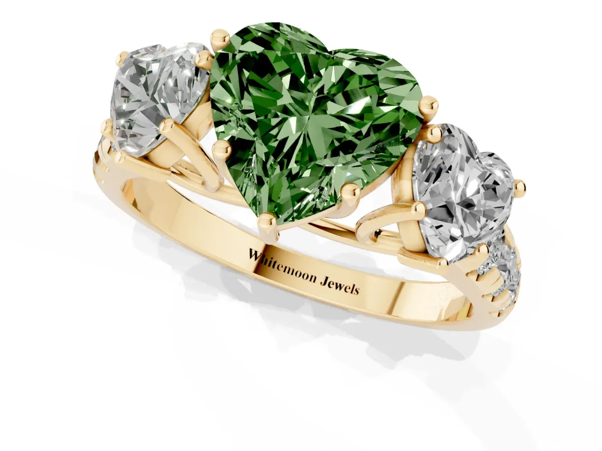Fancy Green Three-Stone Heart Cut Diamond Pavé Band with Prong Setting Yellow gold