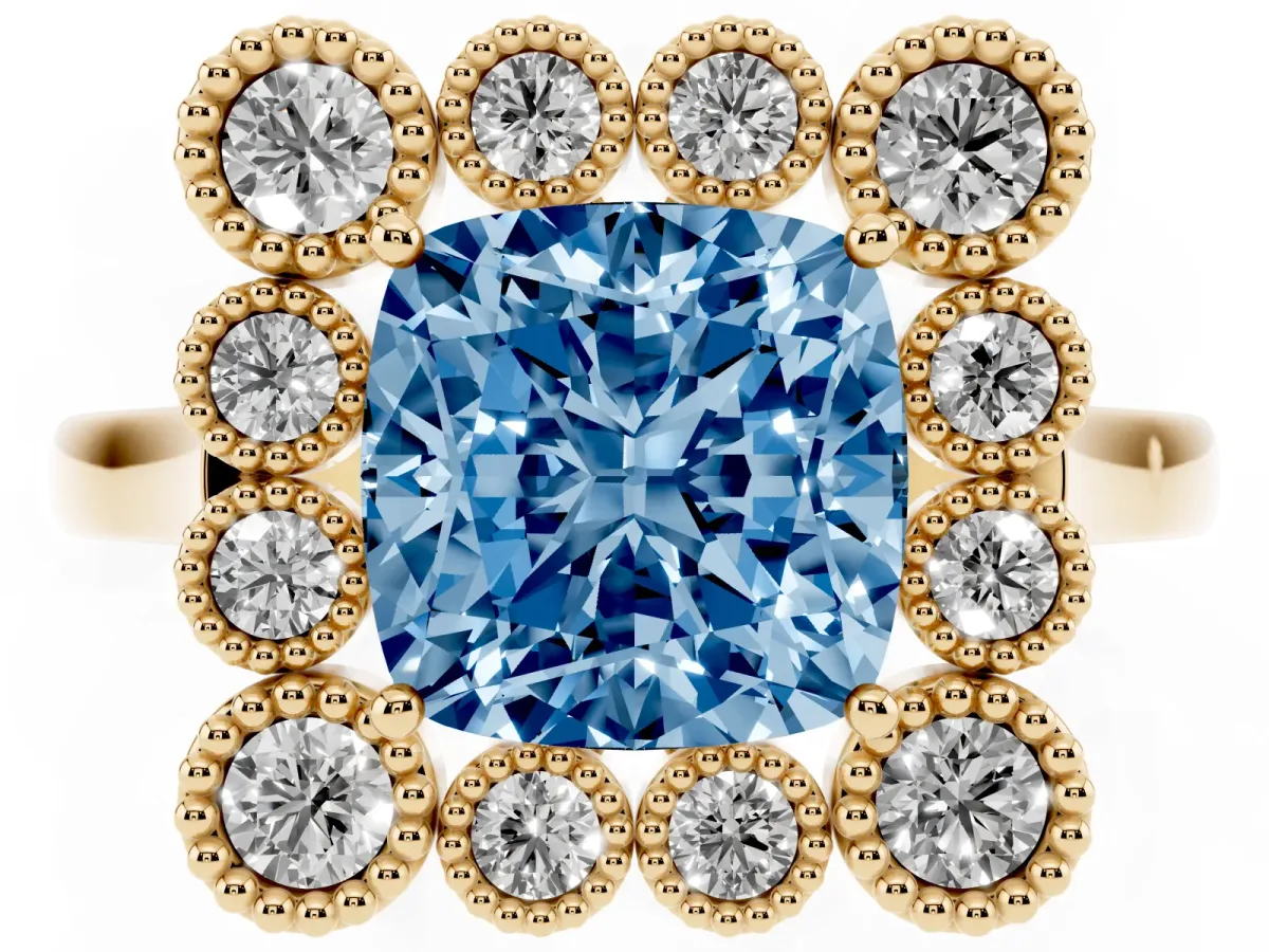 Fancy Blue Cushion Cut Halo Diamond Cluster Engagement Ring with Milgrain Bezel Setting and Solitaire Band Yellow gold