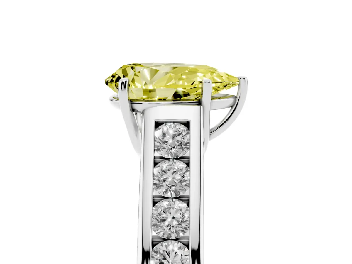 Fancy Yellow Pear Cut Brilliant Channel-Set Solitaire Ring with Four-Prong Setting Silver