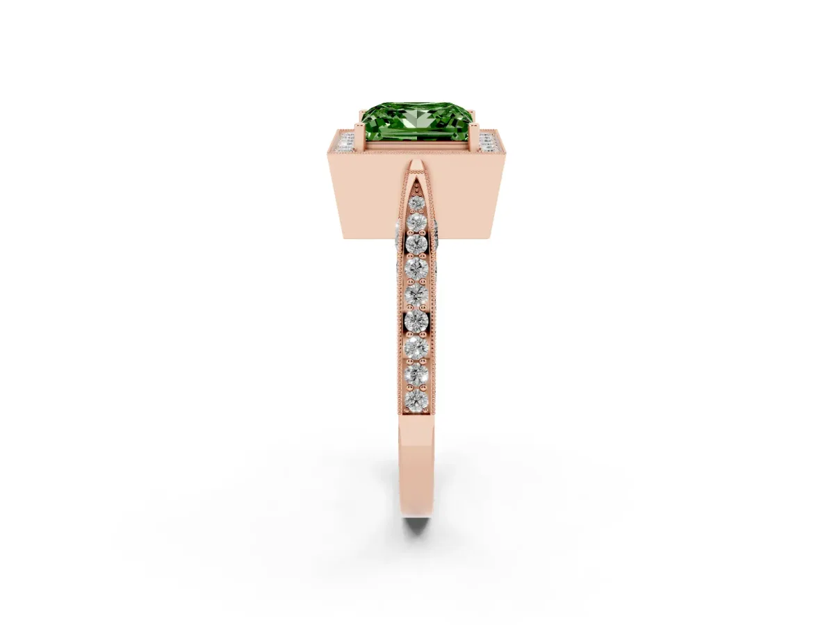 Fancy Green Princess Cut Halo Diamond Engagement Ring with Split Shank Band and Four-Prong Setting Rose gold