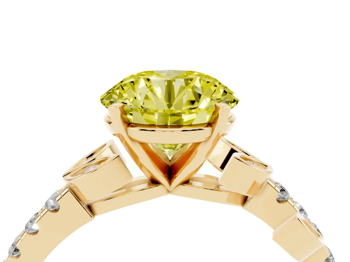 Fancy Yellow Round Cut Solitaire Leaf-Inspired Diamond Ring with Pavé Band and Four-Prong Setting Yellow gold