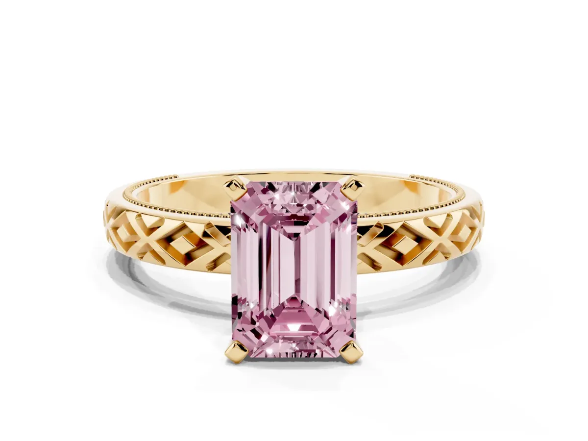 Fancy Pink Emerald Cut Solitaire Diamond Ring with Milgrain and Black Enamel X Pattern Band Yellow gold