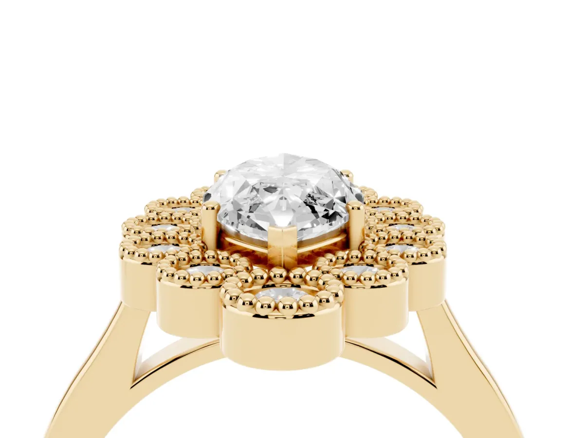 Marquise Cut Halo Diamond Cluster Engagement Ring with Milgrain Bezel Setting and Solitaire Band Yellow gold
