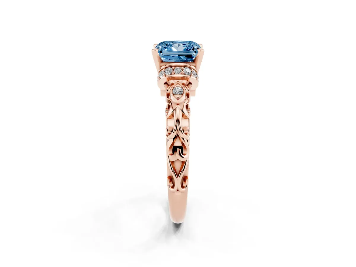 Fancy Blue Princess Cut Diamond Solitaire Ring with Filigree Band and Four-Prong Setting Rose gold