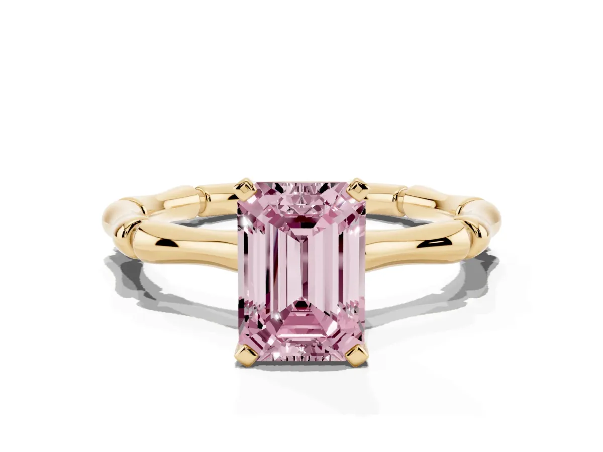 Fancy Pink Emerald Cut Solitaire Diamond Ring with Bamboo Band and Four-Prong Setting Yellow gold