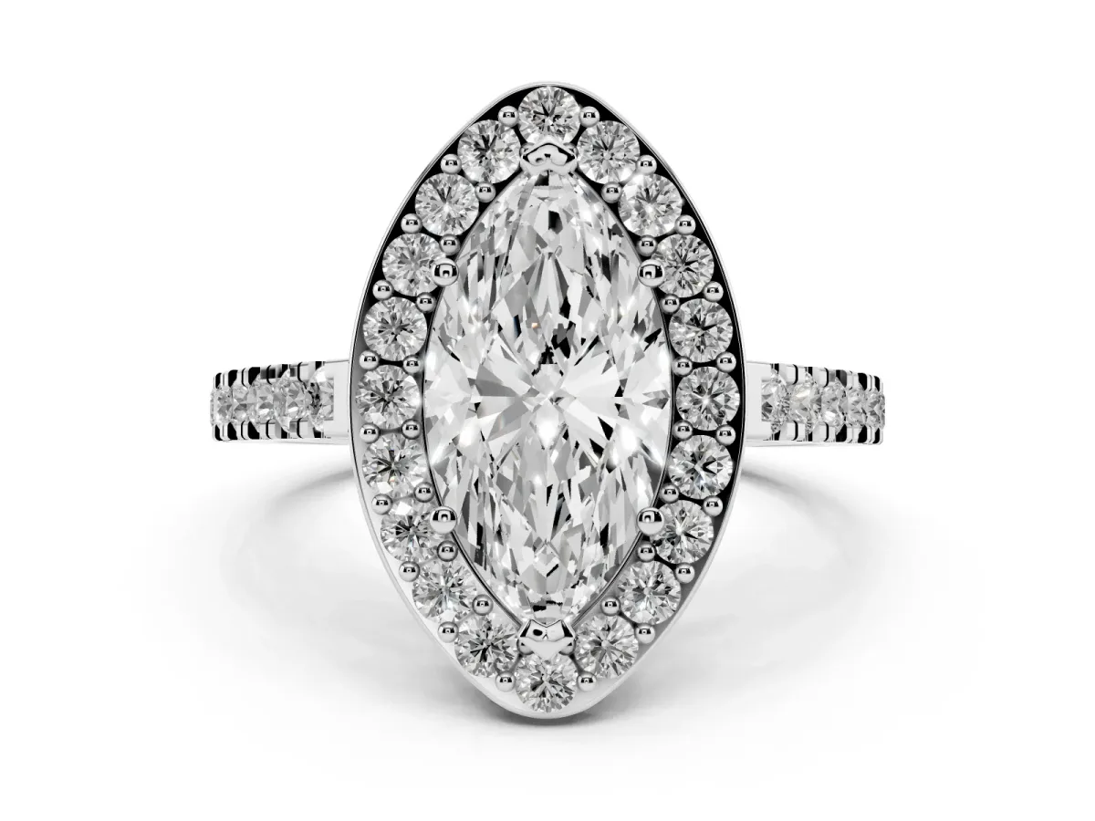 Marquise Cut Diamond Halo Ring with Round Pavé Split Shank and Prong Setting Silver