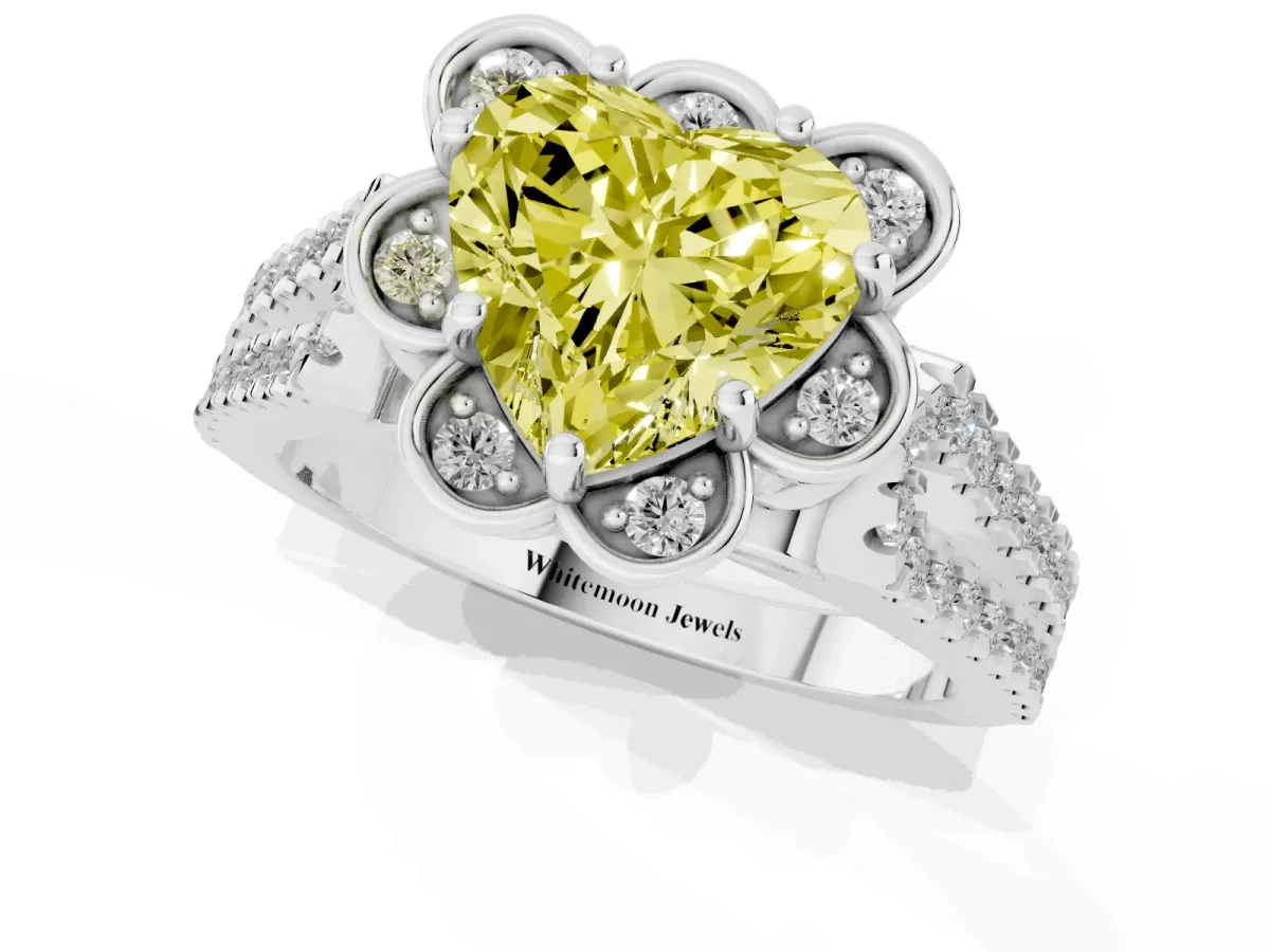 Fancy Yellow Heart Cut Halo Diamond Floral Split Shank Engagement Ring Silver