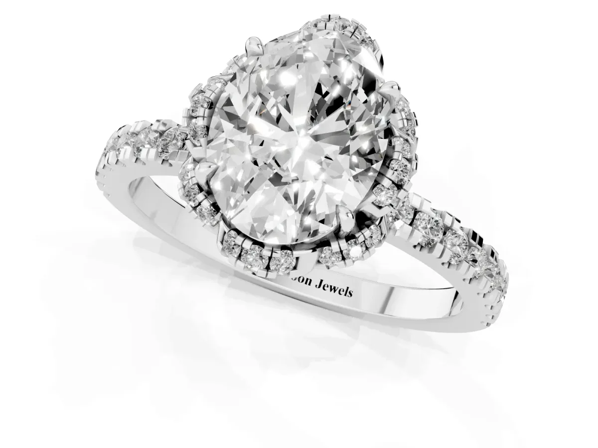 Oval Cut Diamond Halo Pave Band with Four-Prong Setting Silver