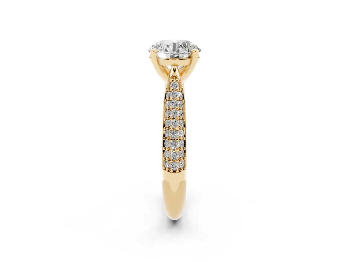 Round Cut Diamond Solitaire Engagement Ring with Multi-Row Round Pavé Band and Prong Setting Yellow gold