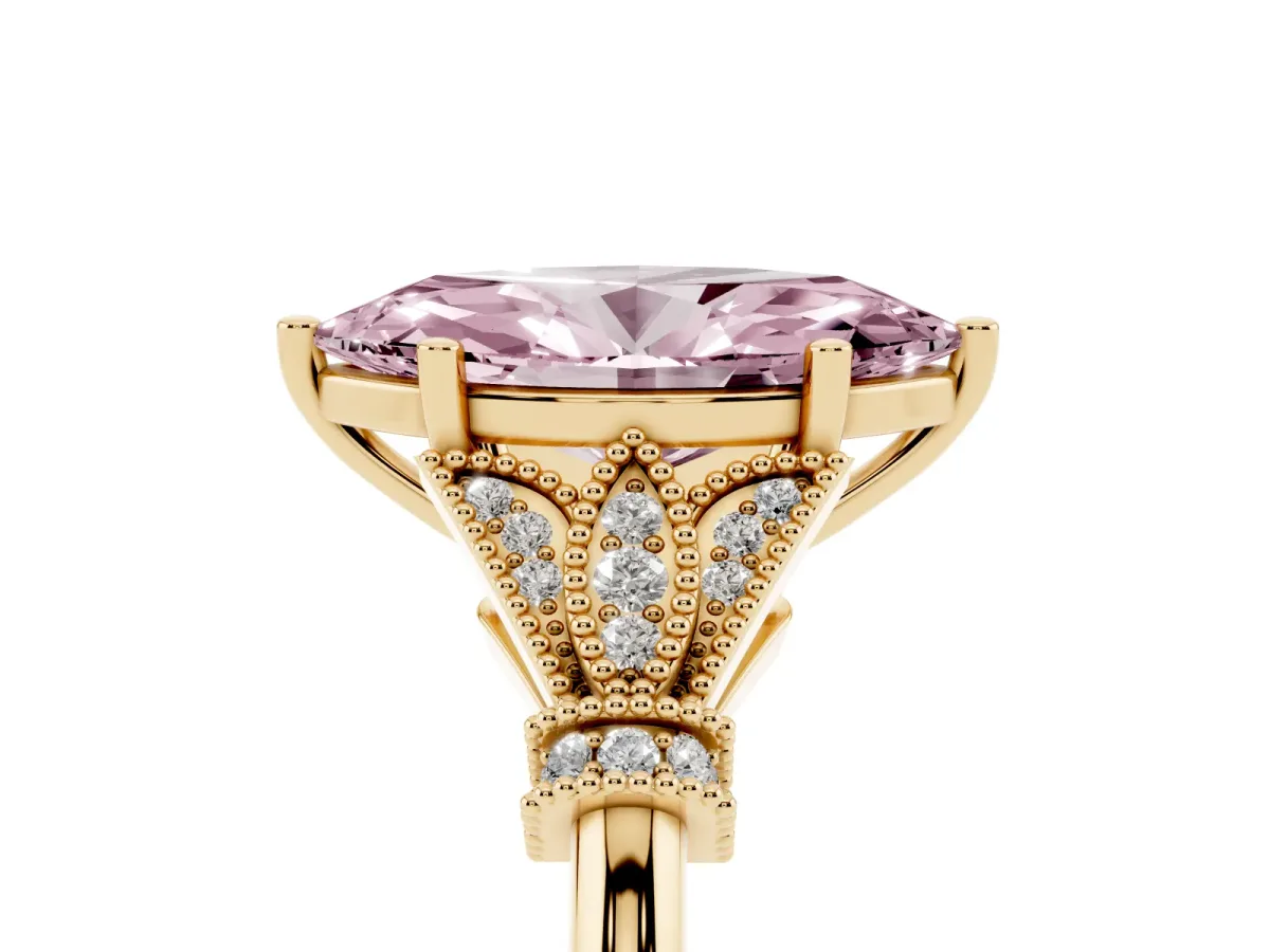Fancy Pink Marquise Cut Diamond Solitaire Ring with Floral Filigree and Pave Accents Yellow gold