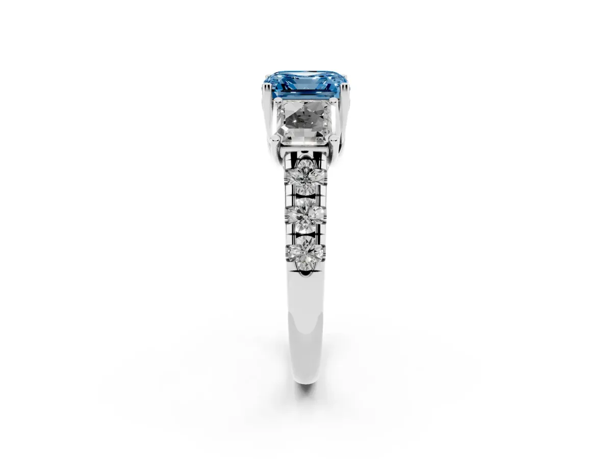 Fancy Blue Three-Stone Asscher Cut Diamond Pavé Band with Prong Setting Silver