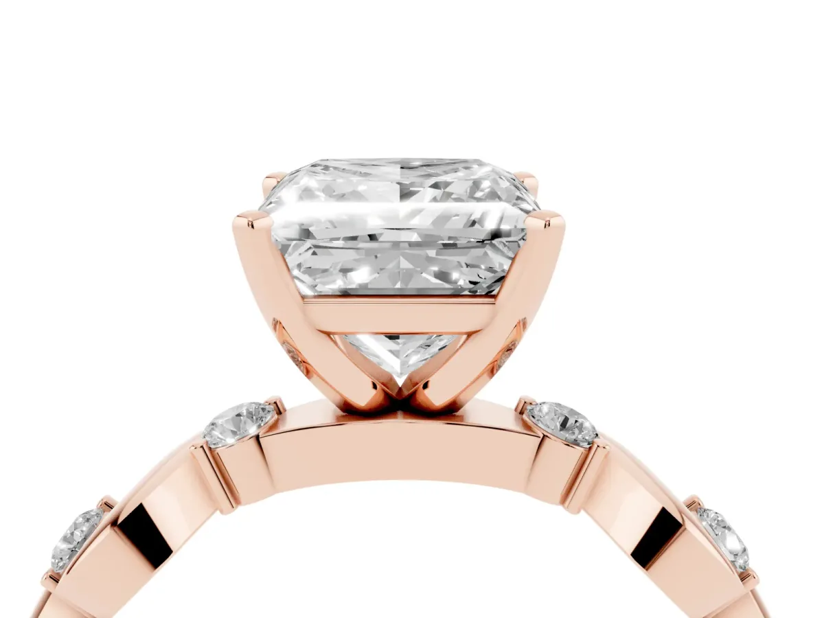 Princess Cut Diamond Solitaire Twisted Band with Round Accents and Prong Setting Rose gold