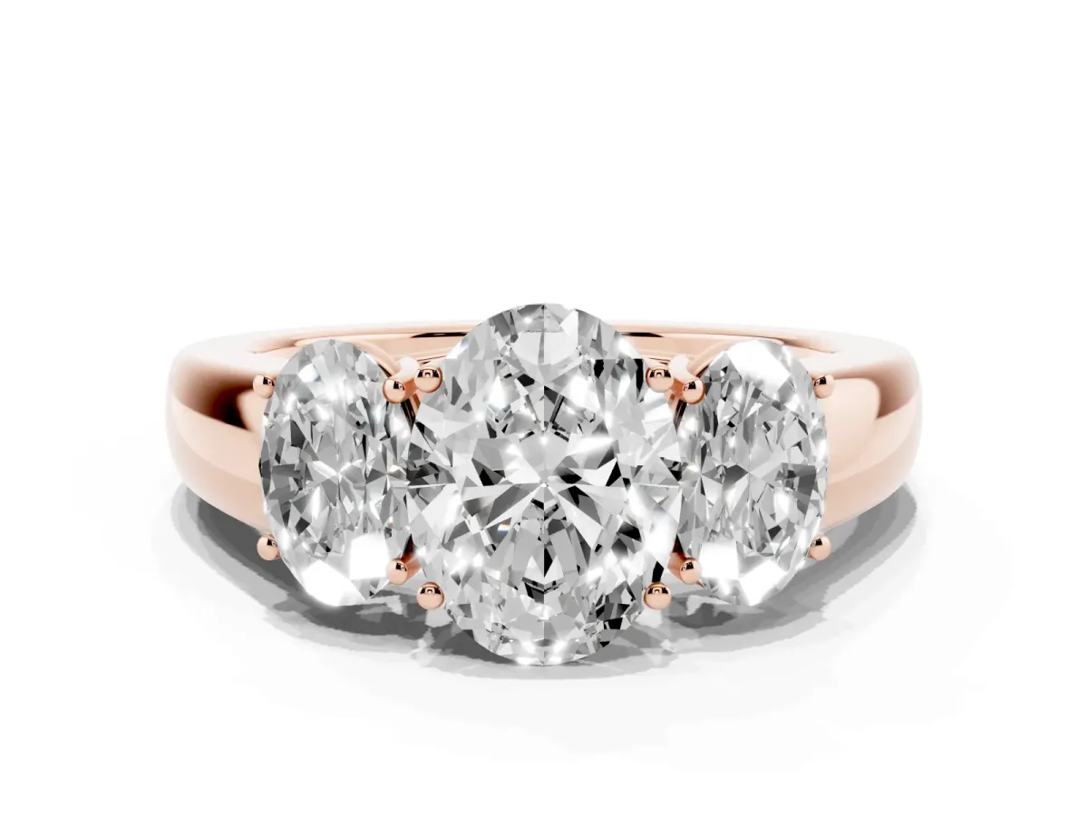 Three-Stone Oval Cut Cut Diamond Ring with Prong Setting and Classic Band Rose gold