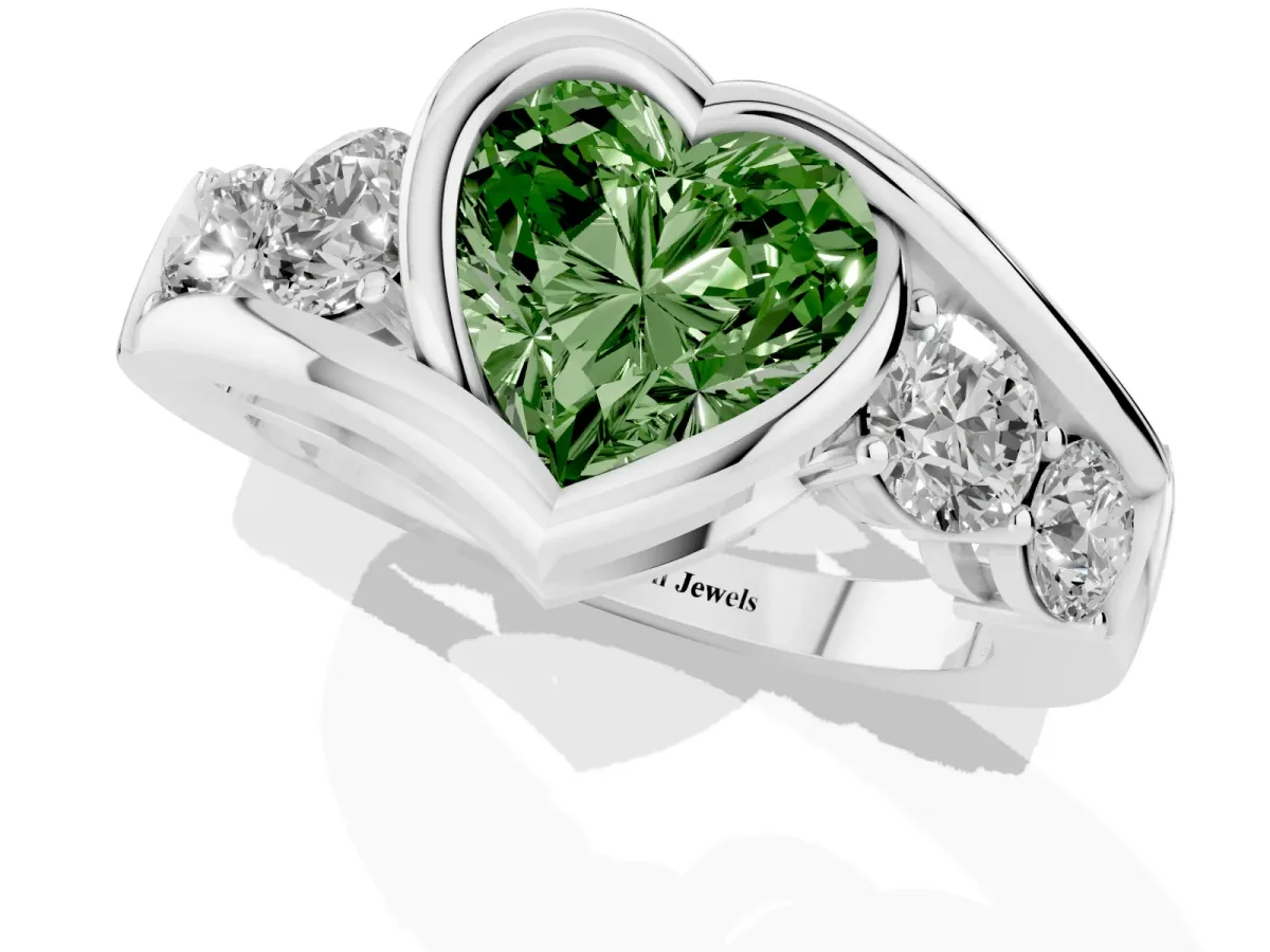 Fancy Green Bezel Set Heart Cut Diamond Bypass Ring with Round Accents Silver