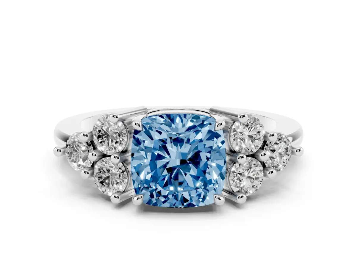Fancy Blue Cushion Cut Brilliant Diamond Cluster Accent Solitaire Ring with Prong Setting Platinum