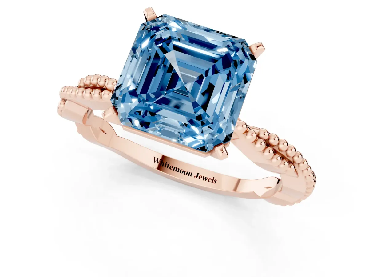 Fancy Blue Asscher Cut Solitaire Twisted Band with Bead Prong Setting Rose gold