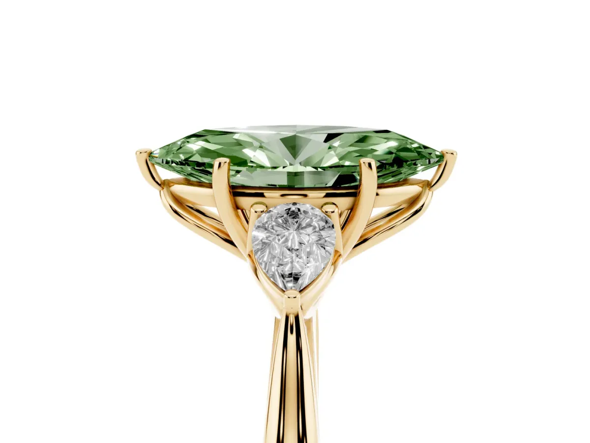 Fancy Green Marquise Cut Diamond Three-Stone Ring with Pear Side Stones and Prong Setting Yellow gold