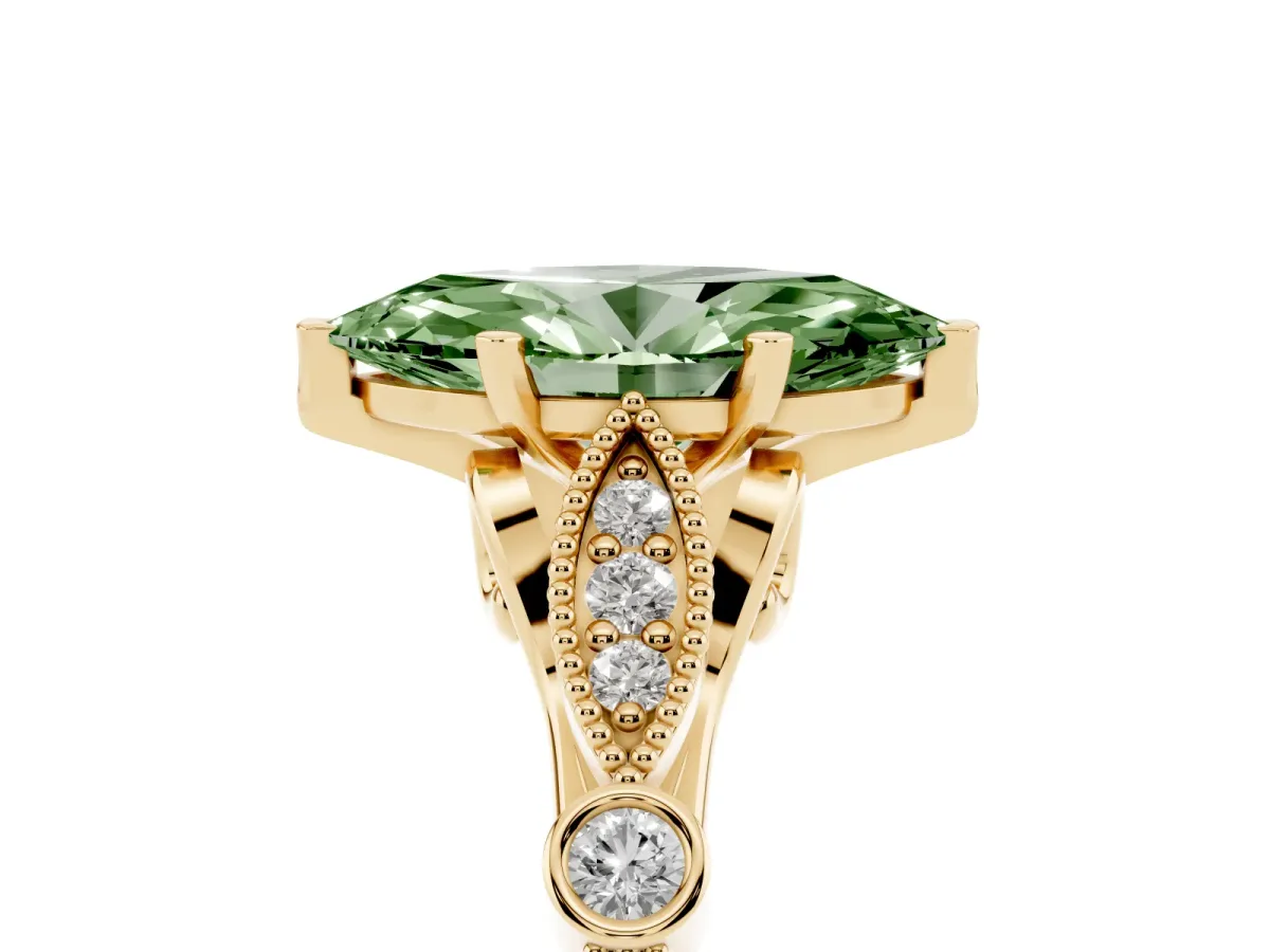 Fancy Green Marquise Cut Cut Diamond with Milgrain Marquise and Bezel Accents on a Solitaire Band with Prong Setting Yellow gold