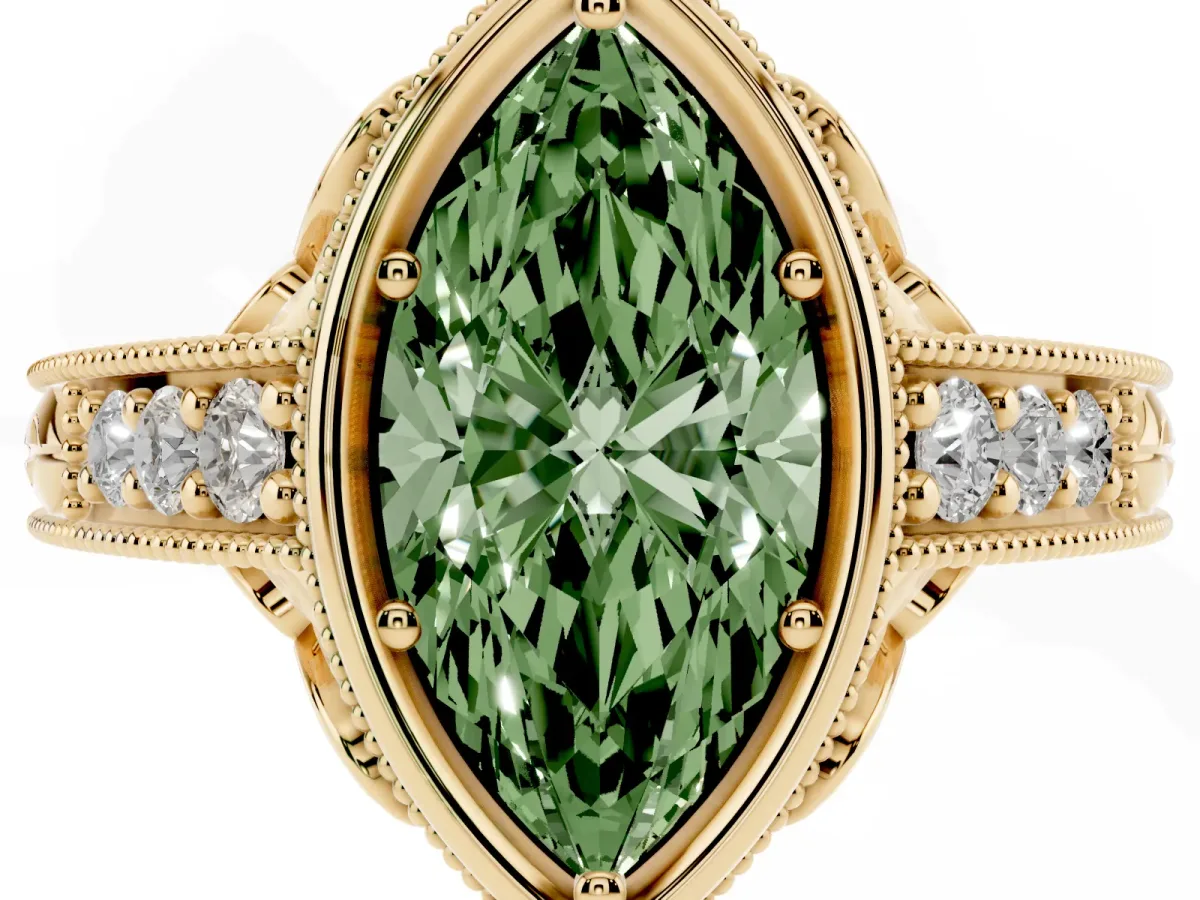 Fancy Green Bezel Set Marquise Cut Diamond Milgrain Pave Engagement Ring Yellow gold