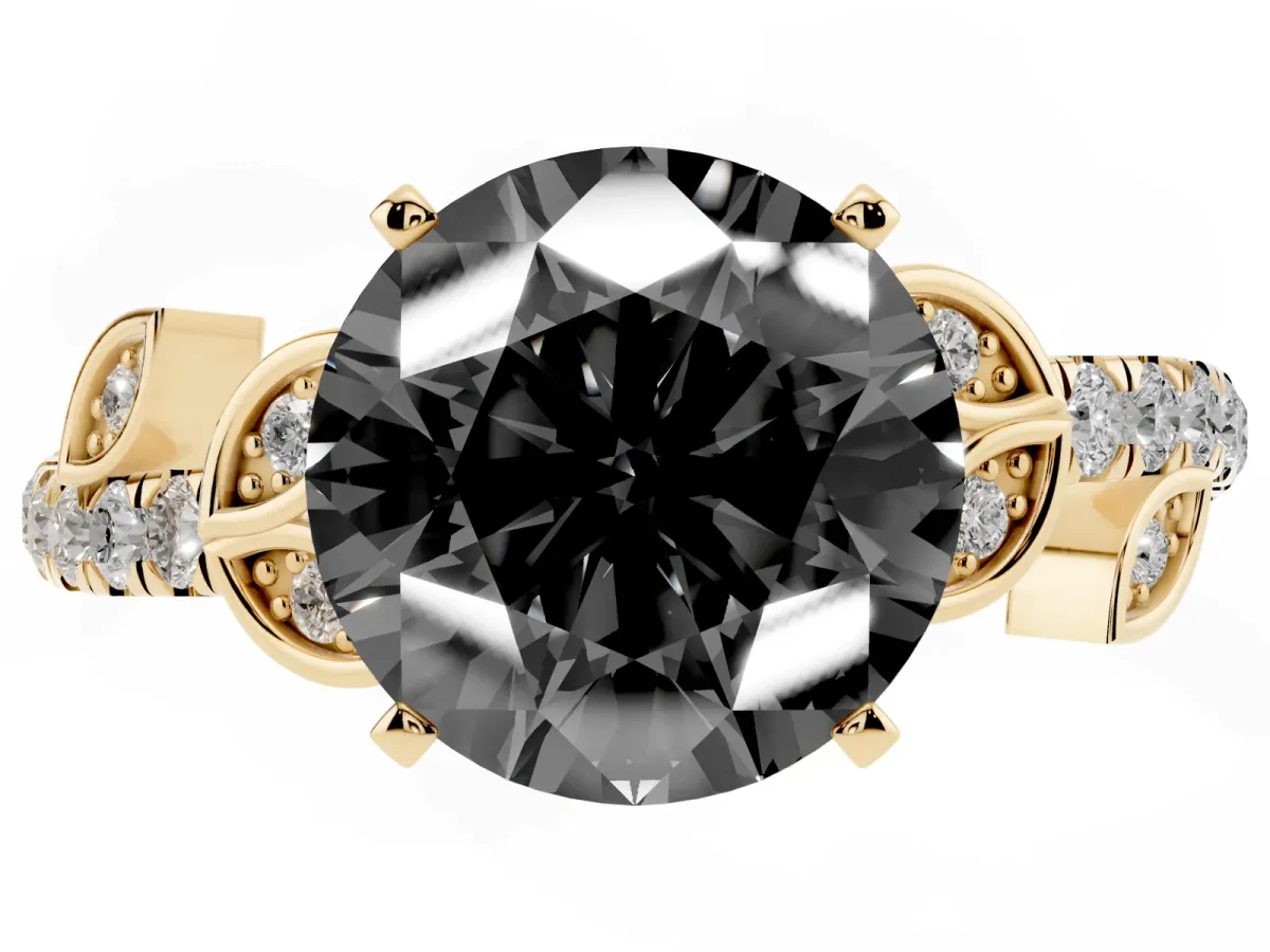 Fancy Black Round Cut Solitaire Leaf-Inspired Diamond Ring with Pavé Band and Four-Prong Setting Yellow gold
