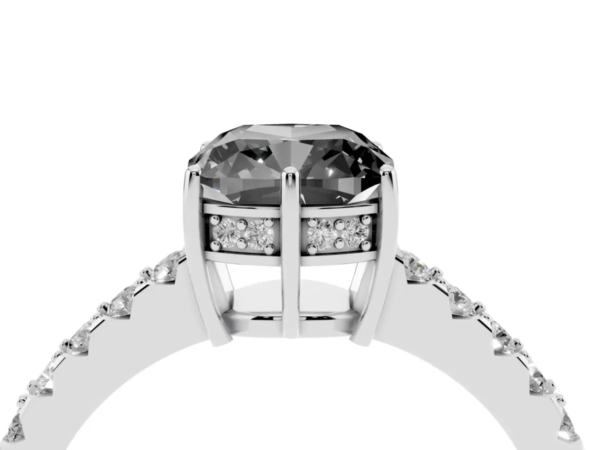 Fancy Black Cushion Cut Solitaire Diamond Engagement Ring with Pavé Band and Six-Prong Setting Platinum