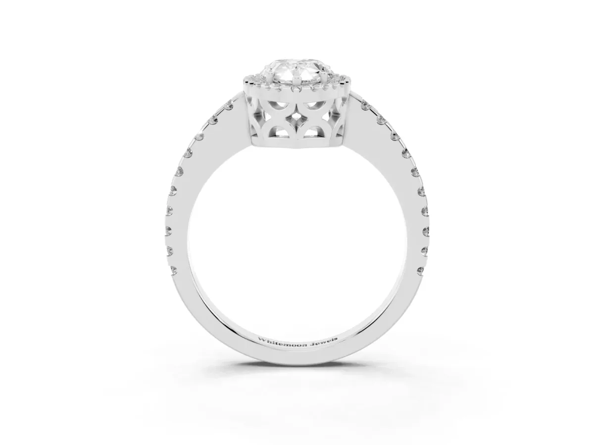Pear Cut Diamond Halo Engagement Ring with Pavé Band and Prong Setting Silver