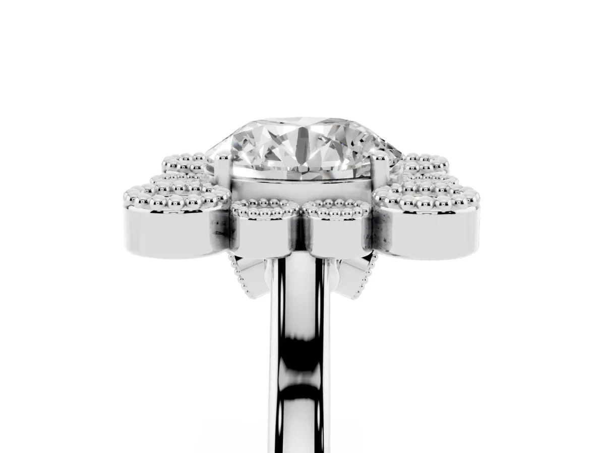 Round Cut Halo Diamond Cluster Engagement Ring with Milgrain Bezel Setting and Solitaire Band White gold