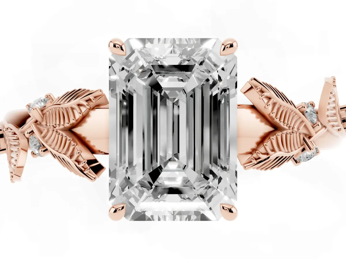 Emerald Cut Diamond Solitaire Ring with Leaf Motif Band and Four-Prong Setting Rose gold